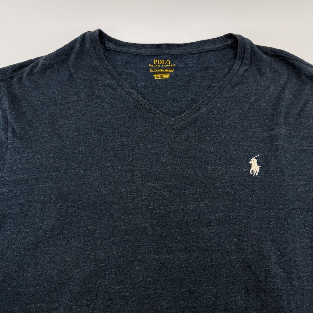 Polo Ralph Lauren T-Shirt Men XL Navy Blue‎ Solid Cotton V-Neck Pony Logo